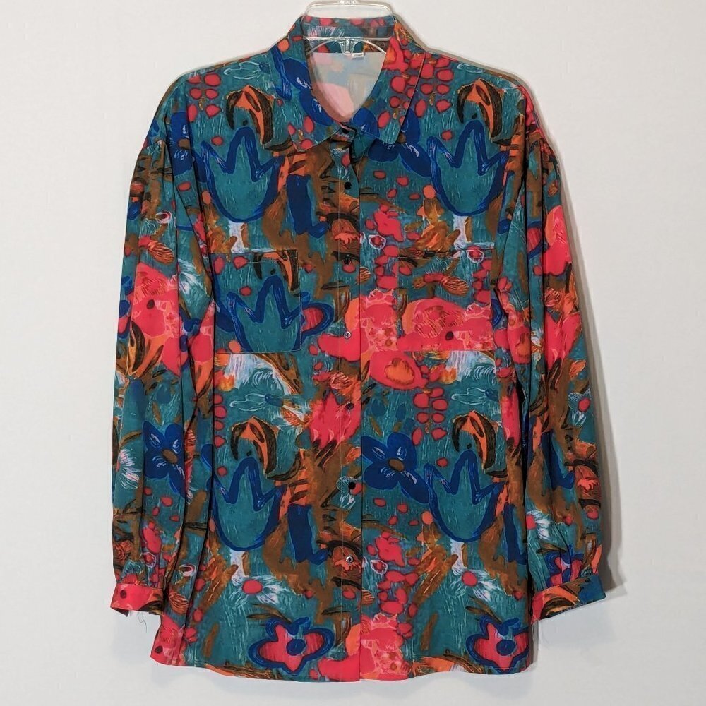 Women's SHEIN Red/Blue Floral, Long Sleeved Oversized Button Blouse; Size M